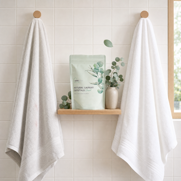 Wild & Free Home Natural Laundry Crystals on a shelf between towels