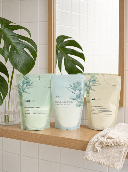 Wild & Free Home laundry range on a bathroom shelf