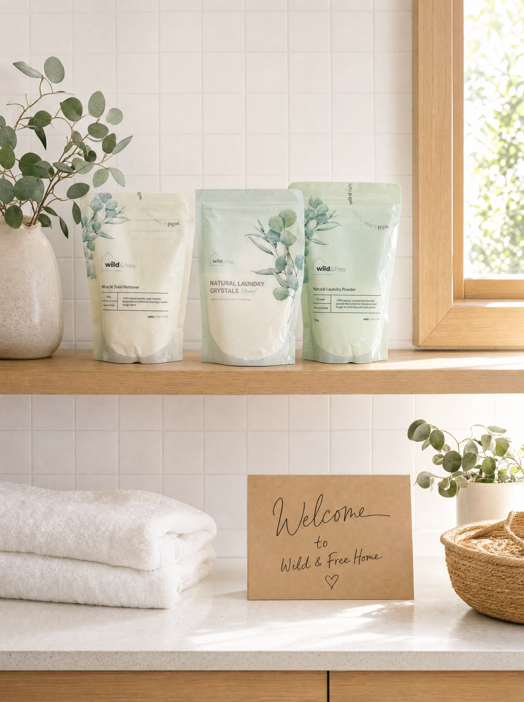 Complete Wild & Free Home laundry set with a welcome sign